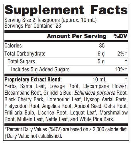 Dr. Tierra's Wild Cherry Bark Syrup from Planetary Herbals Supplement Facts Label