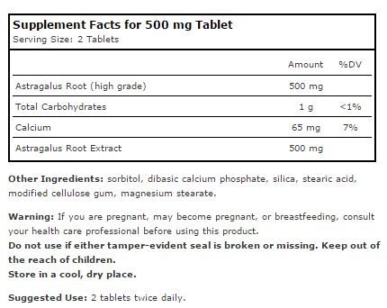 Astragalus Extract Supplement Facts Label