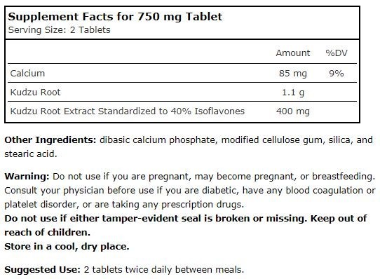 Kudzu Anti-Alcohol Support from Planetary Herbals Supplement Facts Label