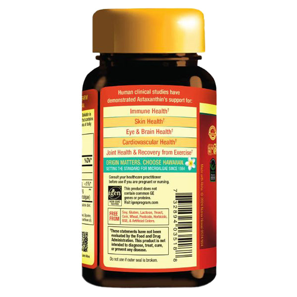 BioAstin by Nutrex Hawaii bottle showing side panel of benefits.