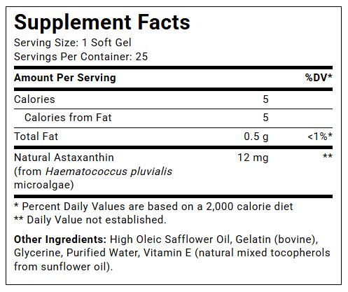 BioAstin Astaxanthin  by  Nutrex Hawaii supplement facts panel - 25 Capsules