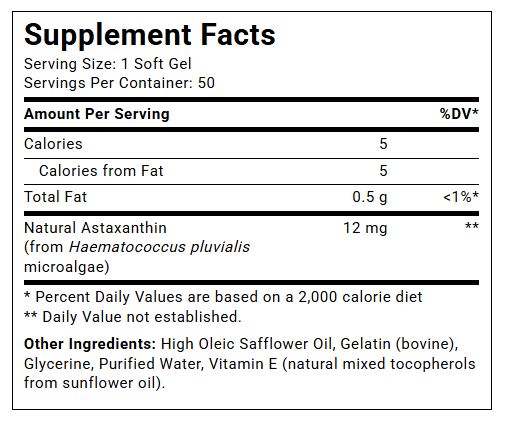 BioAstin Astaxanthin  by  Nutrex Hawaii supplement facts panel - 50 Capsules