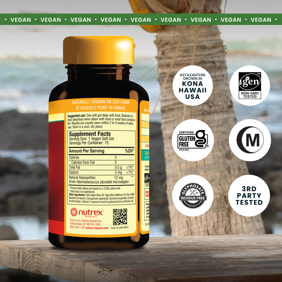 BioAstin Vegan supplement facts and icons