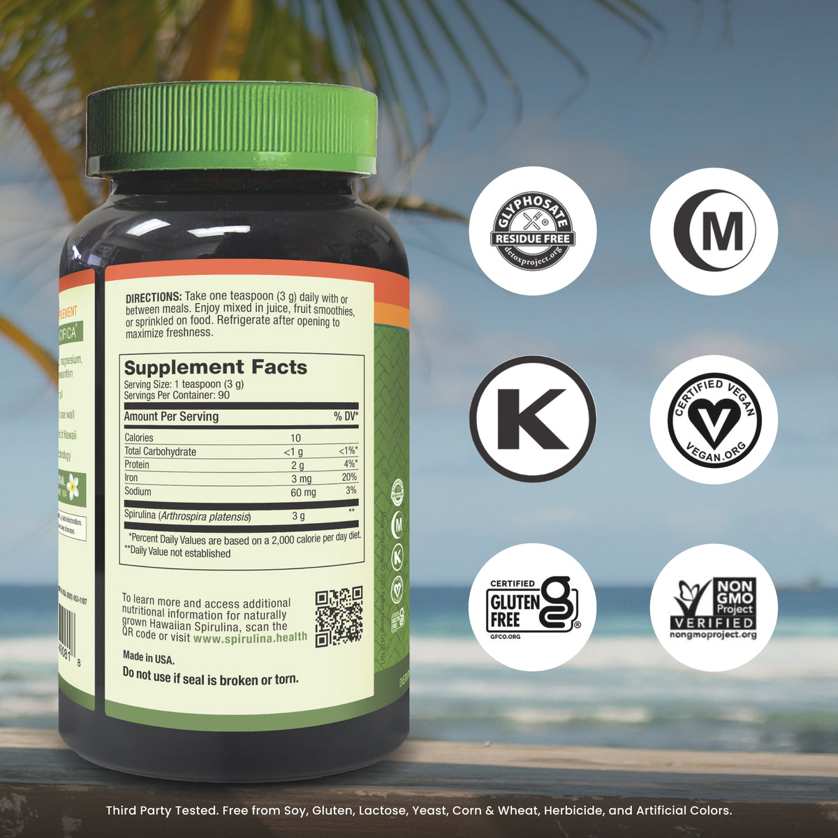 Spirulina Powder supplement facts and icons