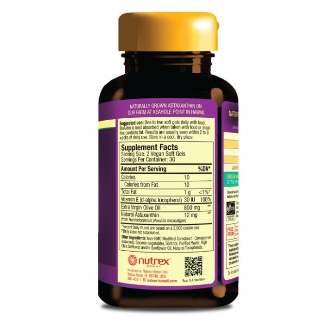 BioAstin Supreme from Nutrex hawaii side panel of bottle showing supplement facts panel