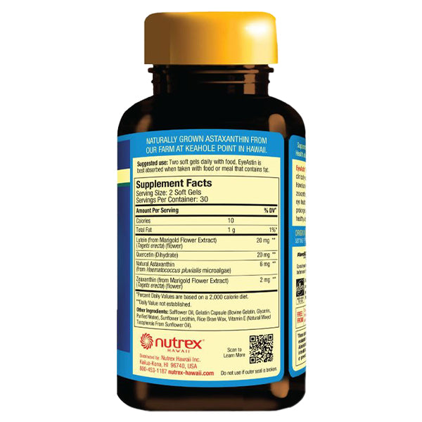 EyeAstin by Nutrex Hawaii bottle side panel showing supplement facts
