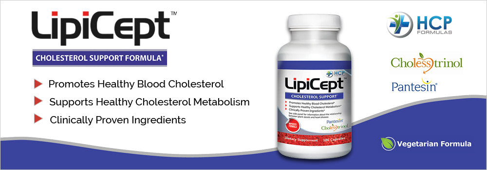 LipiCept brand banner showing product bottle. Promotes healthy blood cholesterol, healthy cholesterol metabolism, clinically proven ingredients.
