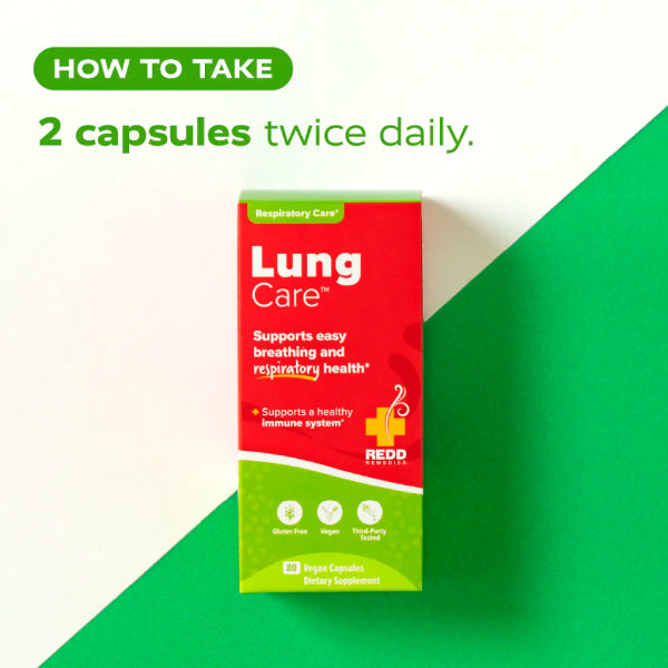 A box of Redd Clinical Lung Care dietary supplement stands upright on a white background with a green diagonal shape behind it. Green text at the top reads 'HOW TO TAKE 2 capsules twice daily.