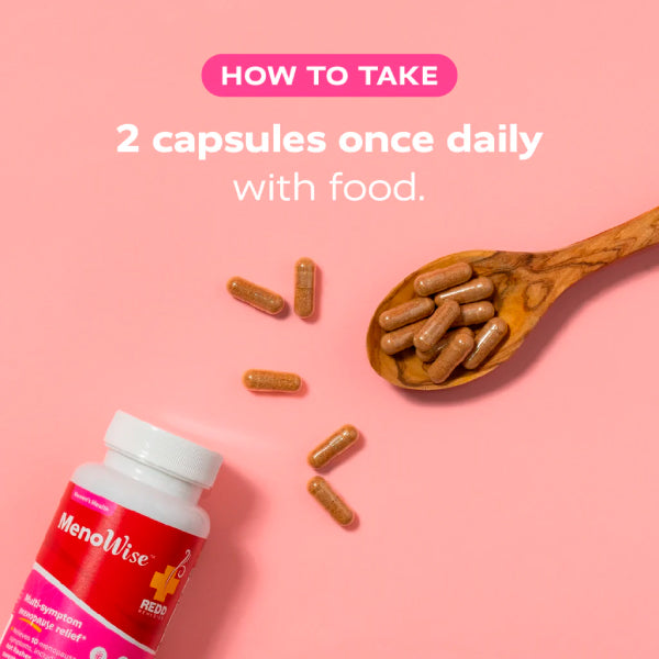 A pink informational graphic with the text 'HOW TO TAKE 2 capsules once daily with food.' A bottle of MenoWise dietary supplement capsules is shown in the lower left, with several brown capsules scattered and resting in a wooden spoon on a pink background.
