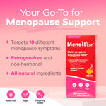 Redd Health MenoWise dietary supplement box on a pink promotional background with text highlighting menopause support benefits and icons for gluten free, vegan, and third-party tested.