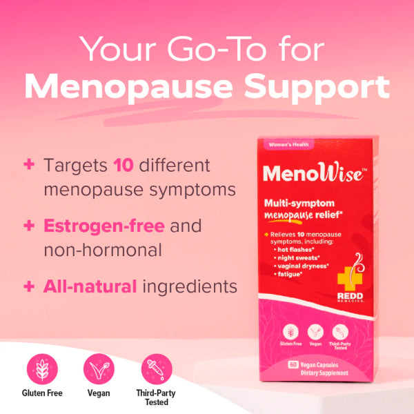 Redd Health MenoWise dietary supplement box on a pink promotional background with text highlighting menopause support benefits and icons for gluten free, vegan, and third-party tested.