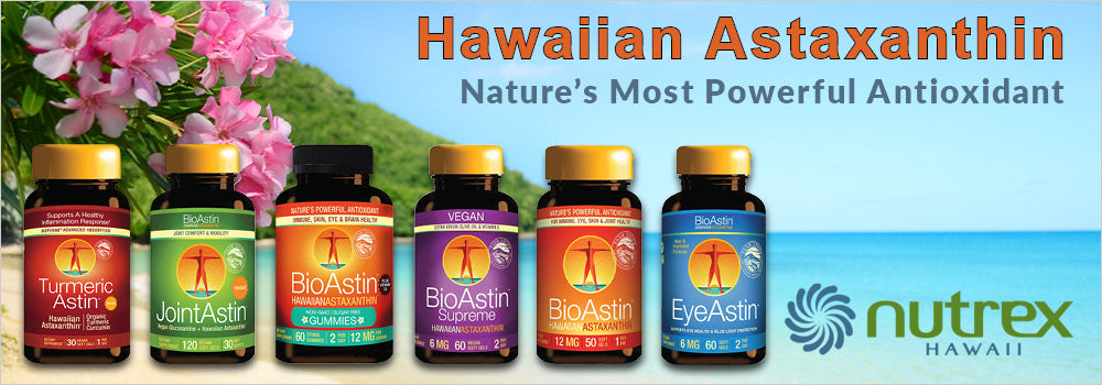 Nutrex Hawaii products banner. BioAstin Supreme, BioAstin, and EyeAstin, JointAstin, TurmericAstin. nature's most powerful antioxidant with Hawaiian Astaxanthin.