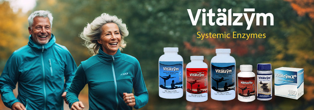 Two people running outdoors with Vitalzym systemic enzymes products displayed. Vitalzym Original, Cardio, X, Extra Strength, XE, and Nattovita