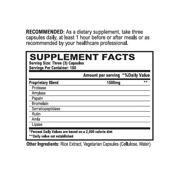 Vitalzym Original Hybrid enzyme formula from World Nutrition - Supplement Facts label.  450 capsules